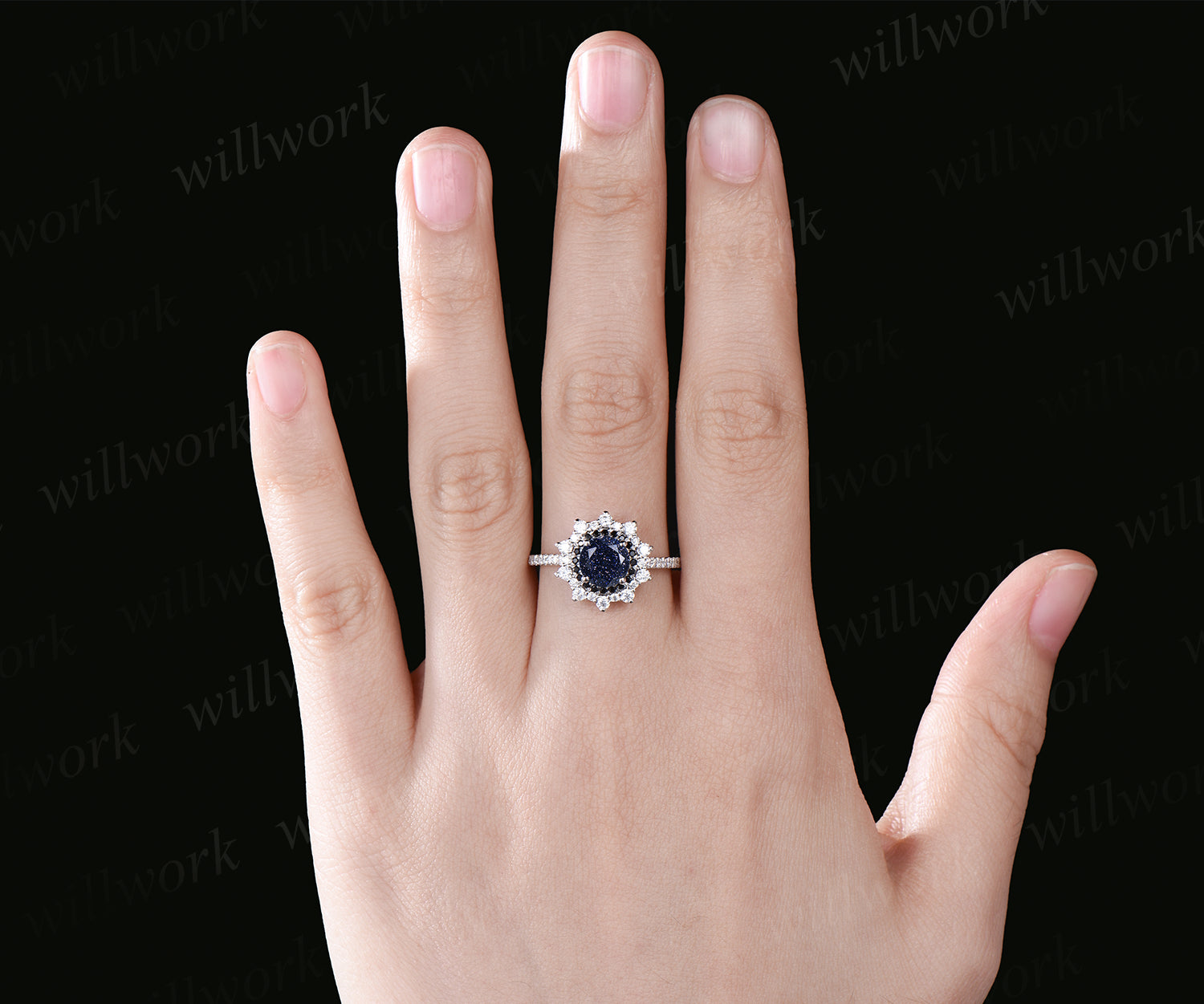 Galaxy Round Blue Sandstone Engagement Ring Unique Black Diamond Spinel  Moissanite Double Halo Wedding Ring Art Deco Healing Half Eternity Bridal  Ring