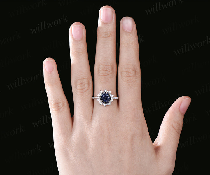 Galaxy Round Blue Sandstone Engagement Ring Unique Black Diamond Spinel Moissanite Double Halo Wedding Ring Art Deco Healing Half Eternity Bridal Ring