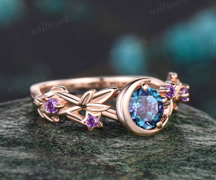 Round Cut Alexandrite June Birthstone Engagement Ring Unique Amethyst Moon Star Wedding Ring Leaf Vine Twig Branch Nature Inspired Anniversary Ring Jewelry Gift