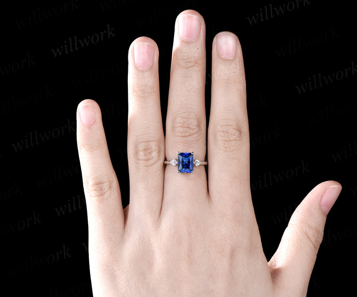 6x8mm Emerald Cut September Birthstone Blue Sapphire Engagement Ring Unique 14k White Gold Kite Moissanite Three Stone Bridal Ring