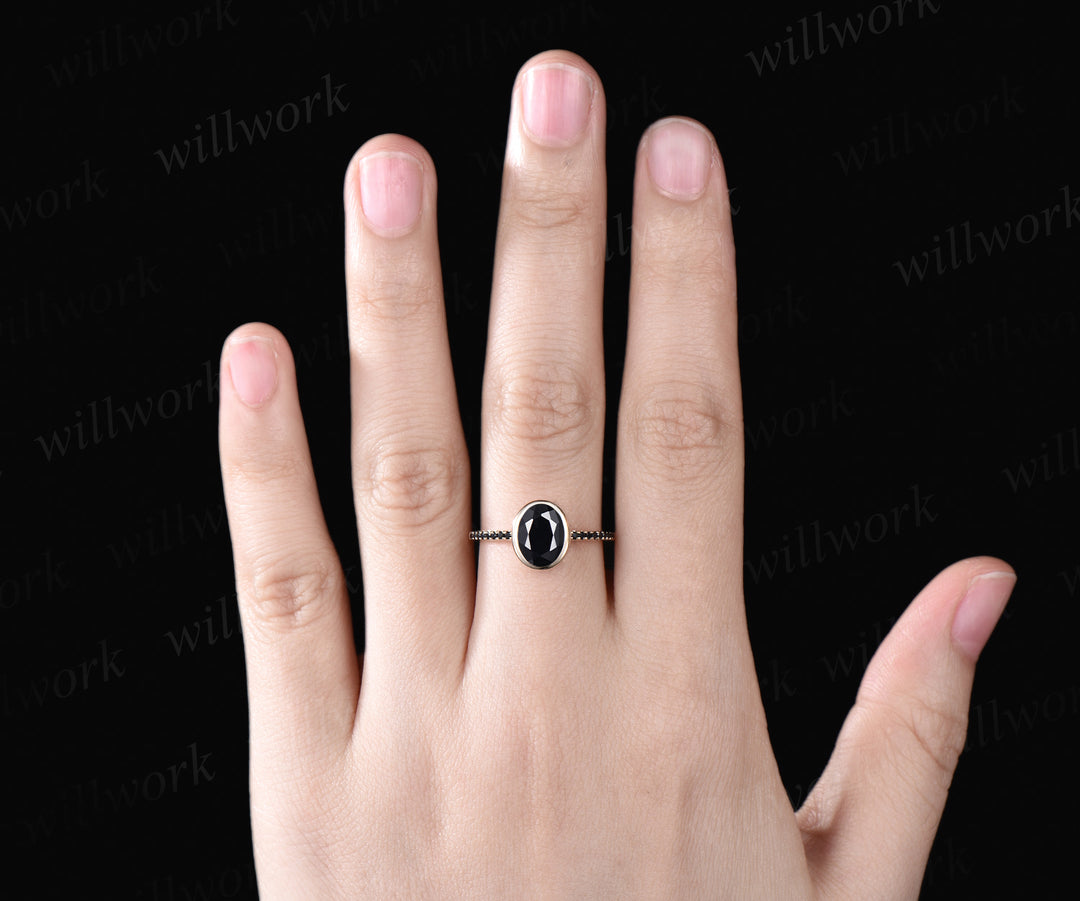 Bezel Set Oval Cut Natural Black Onyx Engagement Ring Unique Black Spinel Diamond Half Eternity Wedding Ring 14k Yellow Gold Ring