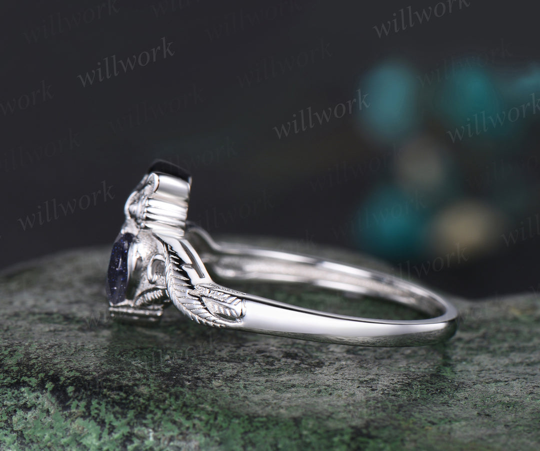 Unique Branch Twig Vine Owl Engagement Ring Round Blue Sandstone Wedding Ring Cute Owl Antique Nature Inspired Blue Sandstone Jewelry
