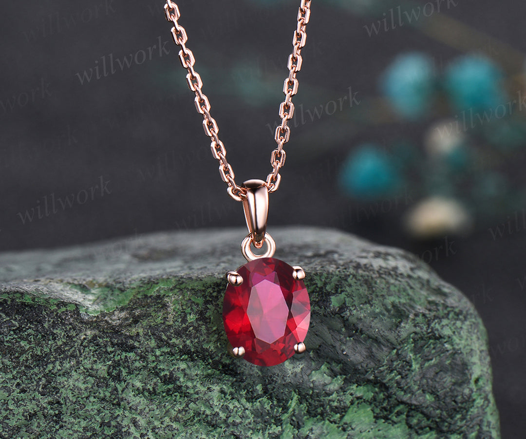 Art Deco Oval Cut Ruby Solitaire Necklace Unique 14k Rose Gold July Birthstone Red Gemstone Ruby Pendant Minimalist Necklace Birthday Gift For Mother