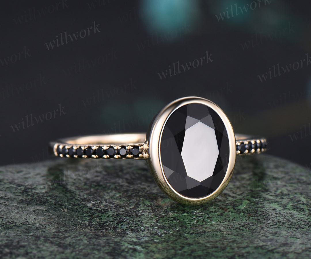 Bezel Set Oval Cut Natural Black Onyx Engagement Ring Unique Black Spinel Diamond Half Eternity Wedding Ring 14k Yellow Gold Ring