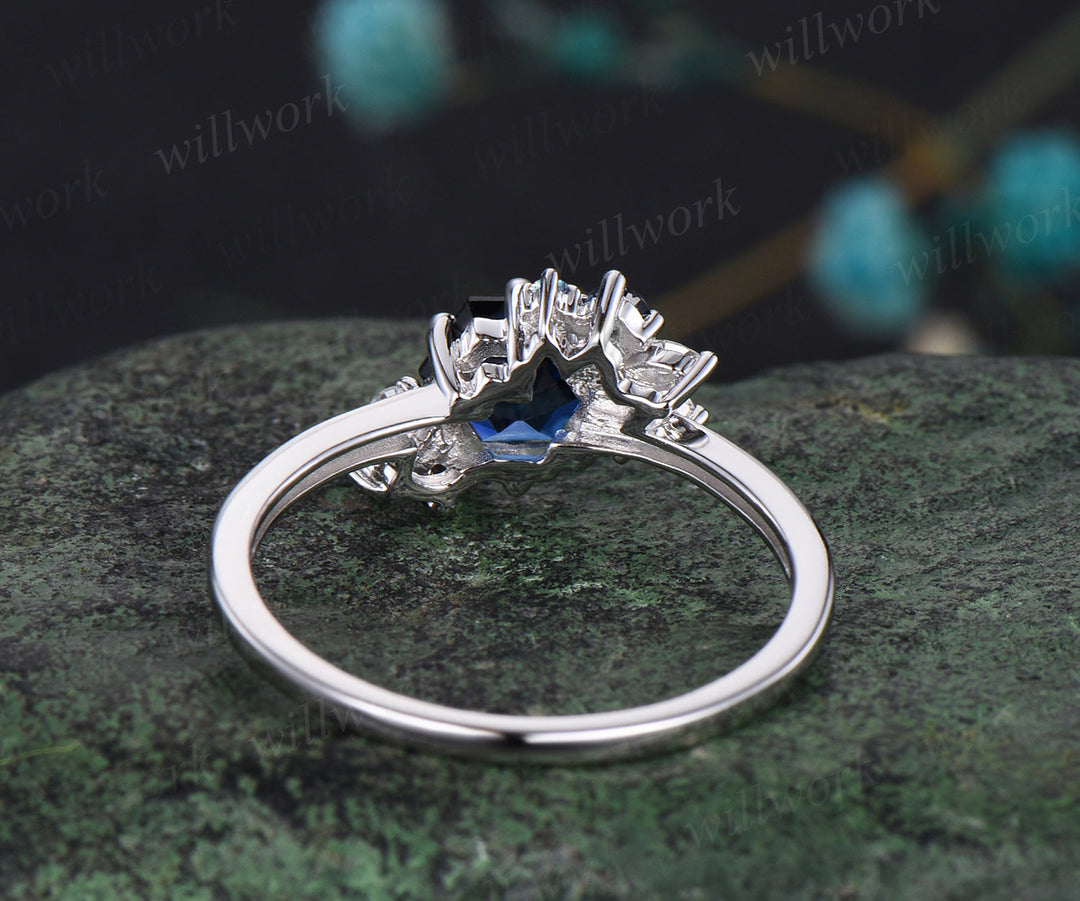 READY TO SHIP: Hexagon Blue Sapphire Engagement Ring - Sterling Silver - Ring Size: 5.25 US