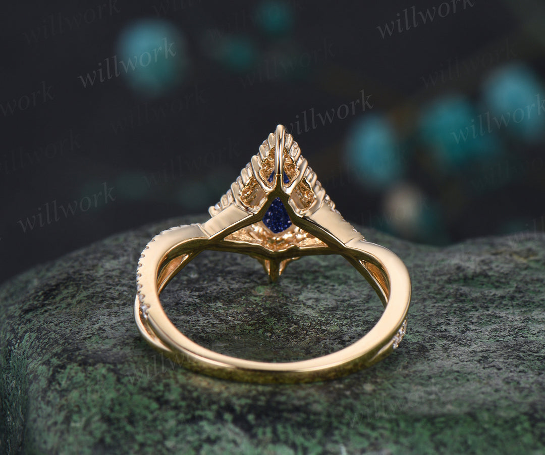 Vintage kite cut Blue Sandstone  engagement ring 14k rose gold eternity infinity Twisted snowdrift halo diamond wedding bridal ring women gift
