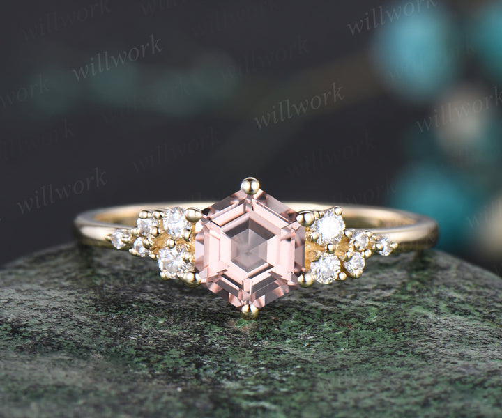 Art Deco Hexagon Cut Natural Pink Morganite Engagement Ring Set Unique Moissanite Cluster Snowdrift Ring 14k Yellow Gold 2pcs Bridal Ring Set Women