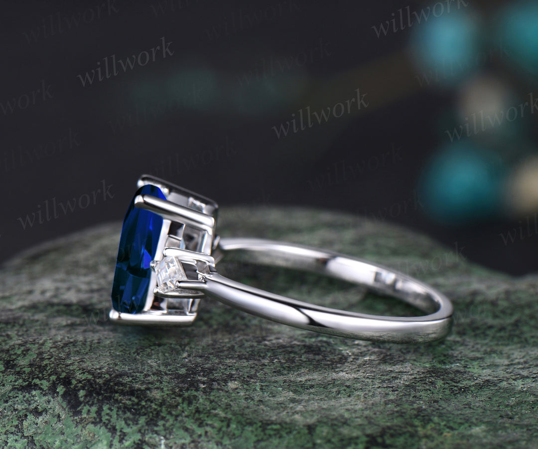 6x8mm Emerald Cut September Birthstone Blue Sapphire Engagement Ring Unique 14k White Gold Kite Moissanite Three Stone Bridal Ring