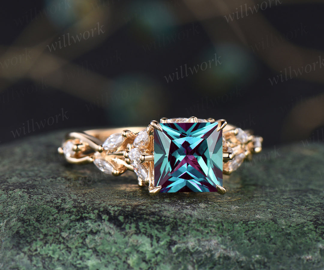Vintage princess cut alexandrite engagement ring unique twig nature inspired ring marquise cluster art deco promise ring birthstone jewelry gifts for her