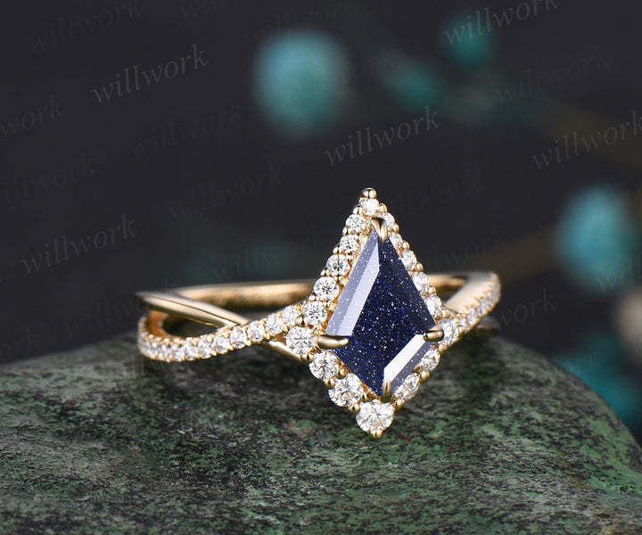 Vintage kite cut Blue Sandstone  engagement ring 14k rose gold eternity infinity Twisted snowdrift halo diamond wedding bridal ring women gift