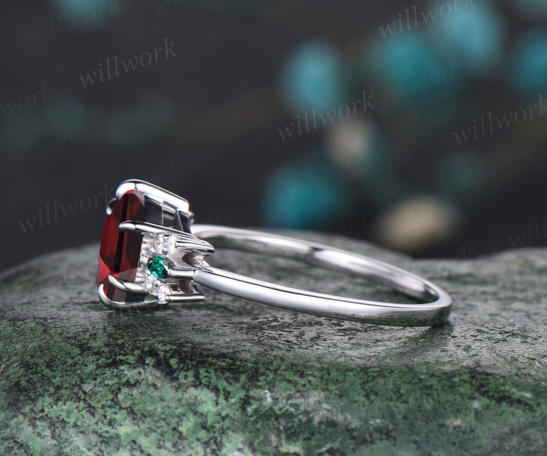 Unique Hexagon Cut July Birthstone Ruby Engagement Ring Moissanite May Birthstone Marquise Emerald Ring Art Deco White Gold Cluster Ring Gift For Mother