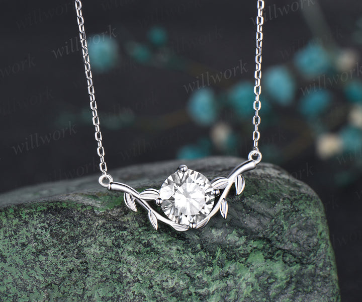 Dainty Round Cut Moissanite Necklace Delicate Vine Twig Branch Nature Inspired Pendant Art Deco 14k White Gold Necklace
