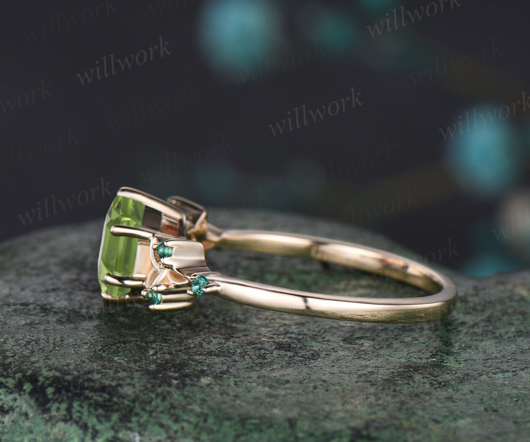 Hexagon Cut Natural Peridot Engagement Ring August Birthstone Celtic Knot Wedding Ring Emerald Seven Stone Bridal Ring