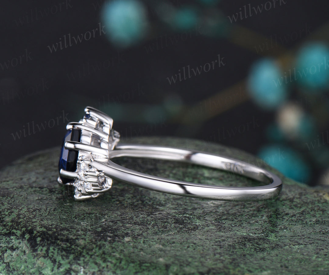 Unique Hexagon Cut Blue Sapphire Engagement Ring September Birthstone Sapphire Moissante Cluster Ring Bridal Promise Gift For Women