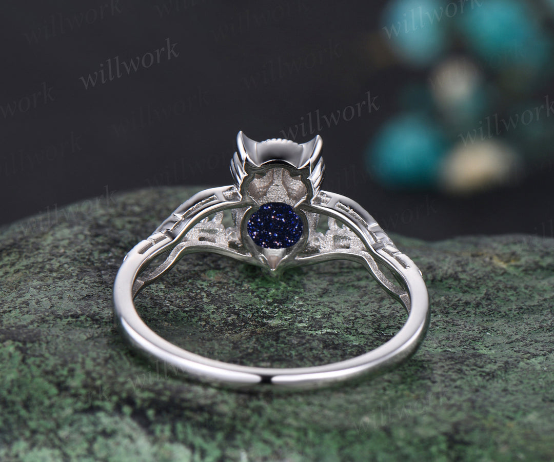 Unique Branch Twig Vine Owl Engagement Ring Round Blue Sandstone Wedding Ring Cute Owl Antique Nature Inspired Blue Sandstone Jewelry