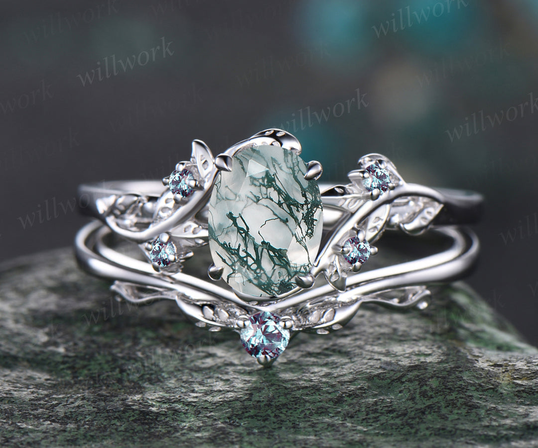 Oval Cut Natural Green Moss Agate Engagement Ring Set Unique June Birthstone Alexandrite Wedding Band Art Deco Leaf Vine Twig Branch Bridal Ring Set Nature Inspired Jewelry