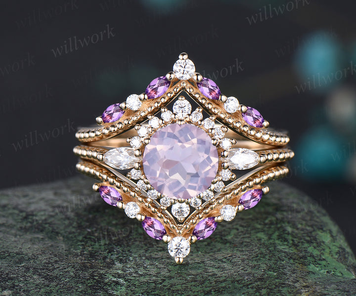 Vintage Round Cut Lavender Amethyst Engagement Ring Set Antique February Birthstone Purple Crystal Moissanite Halo Ring Milgrain 3pcs Bridal Ring Set