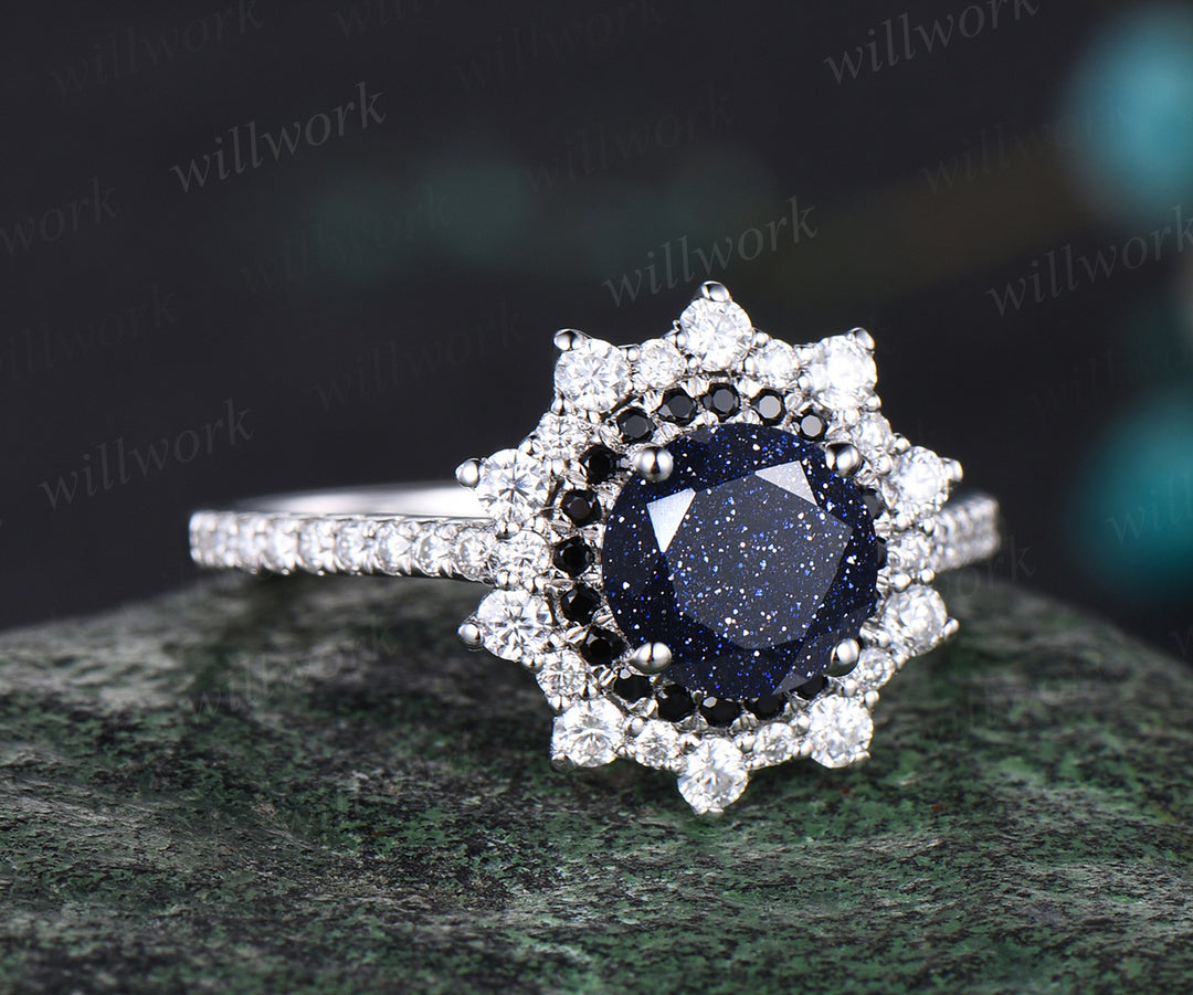 Galaxy Round Blue Sandstone Engagement Ring Unique Black Diamond Spinel Moissanite Double Halo Wedding Ring Art Deco Healing Half Eternity Bridal Ring