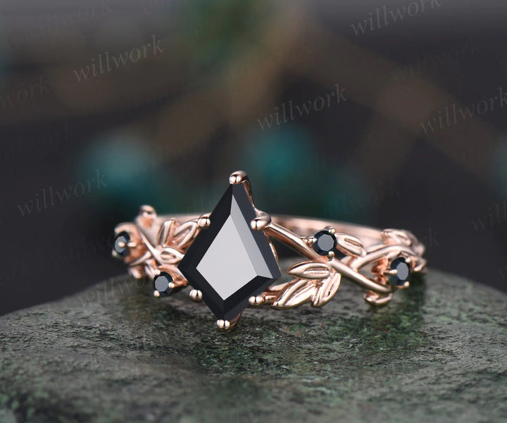 Twig Black Oynx ring vintage kite cut Black Oynx engagement ring nature inspired rose gold ring leaf anniversary ring women unique wedding ring