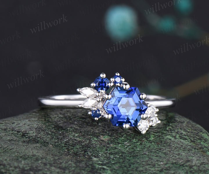 Unique Hexagon Cut Blue Sapphire Engagement Ring September Birthstone Sapphire Moissante Cluster Ring Bridal Promise Gift For Women