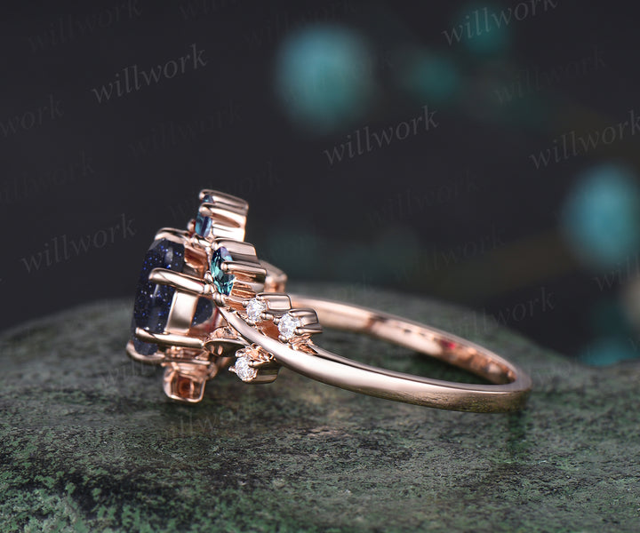 Art Deco Galaxy Blue Sandstone Engagement Ring Alexandrite Moissanite Leaf Vine Twig Branch Nature Inspired Bridal Ring Healing Gift
