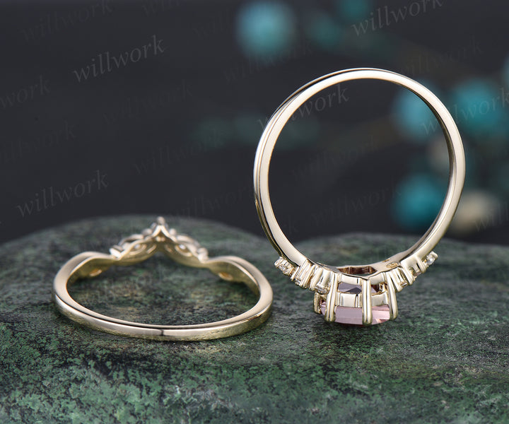 Art Deco Hexagon Cut Natural Pink Morganite Engagement Ring Set Unique Moissanite Cluster Snowdrift Ring 14k Yellow Gold 2pcs Bridal Ring Set Women