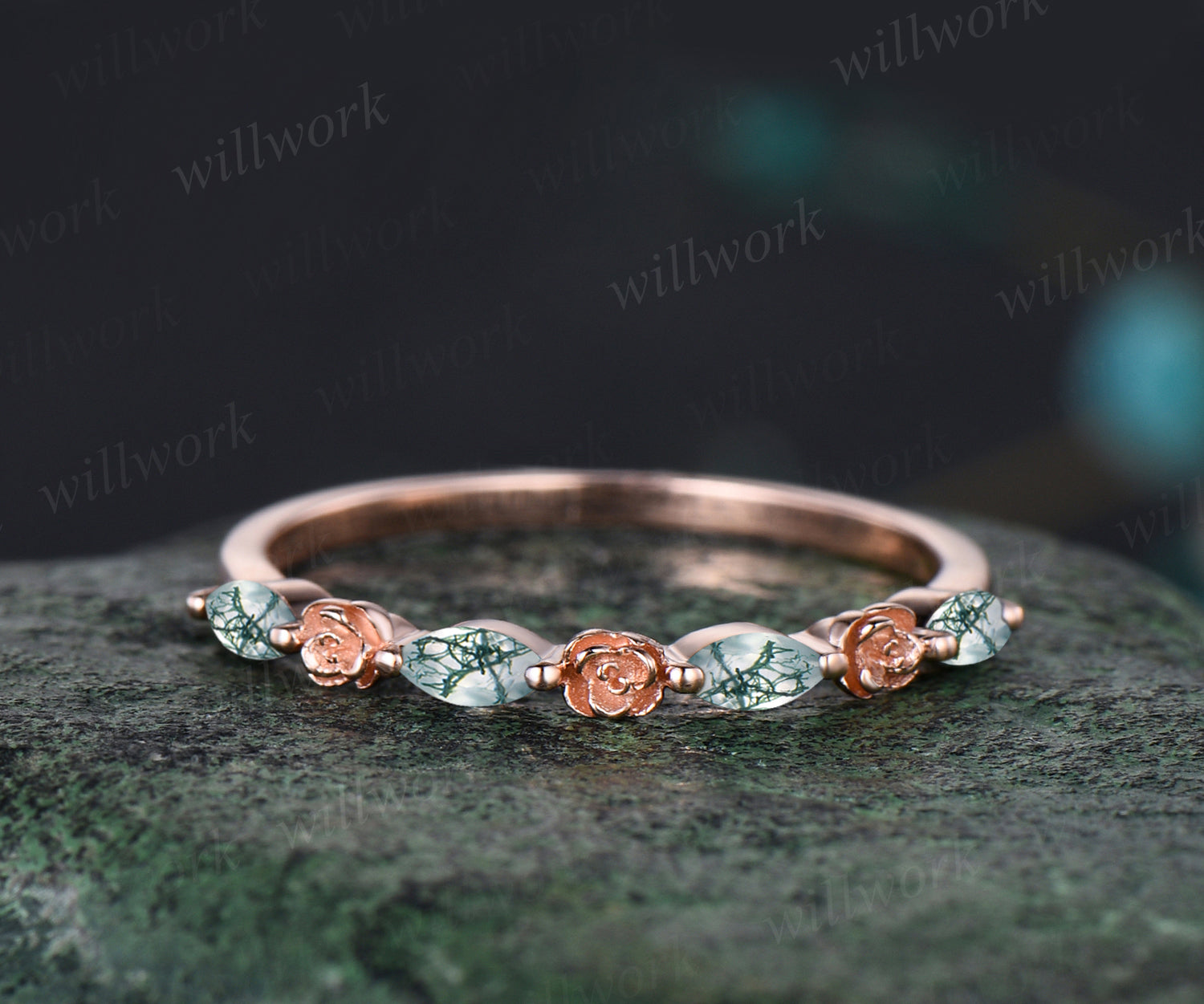 Hexagon Cut Natural Green Moss Agate Engagement Ring Set Leaf