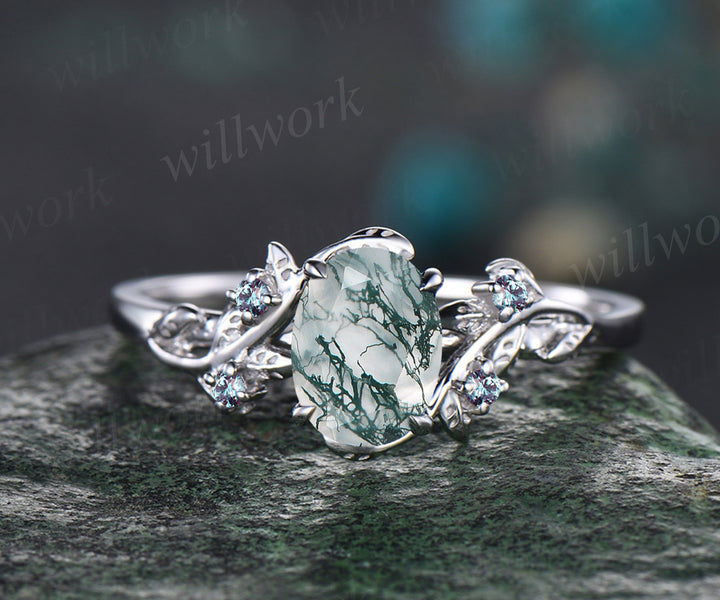 Oval Cut Natural Green Moss Agate Engagement Ring Set Unique June Birthstone Alexandrite Wedding Band Art Deco Leaf Vine Twig Branch Bridal Ring Set Nature Inspired Jewelry