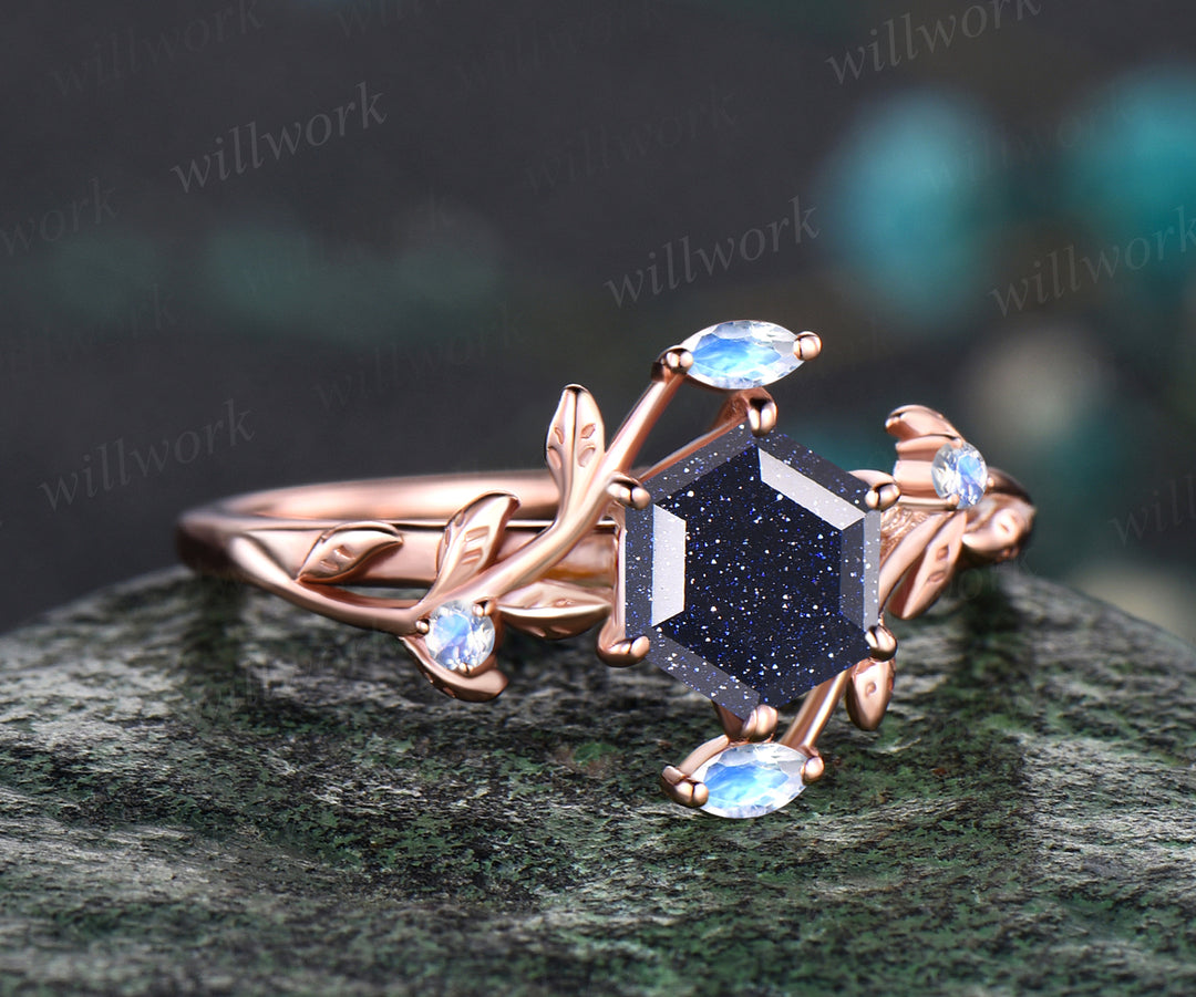 Hexagon Cut Galaxy Blue Sandstone Engagement Ring Unique Leaf Vine Twig Branch Nature Inspired Natural Moonstone Ring 14k Rose Gold Healing Ring