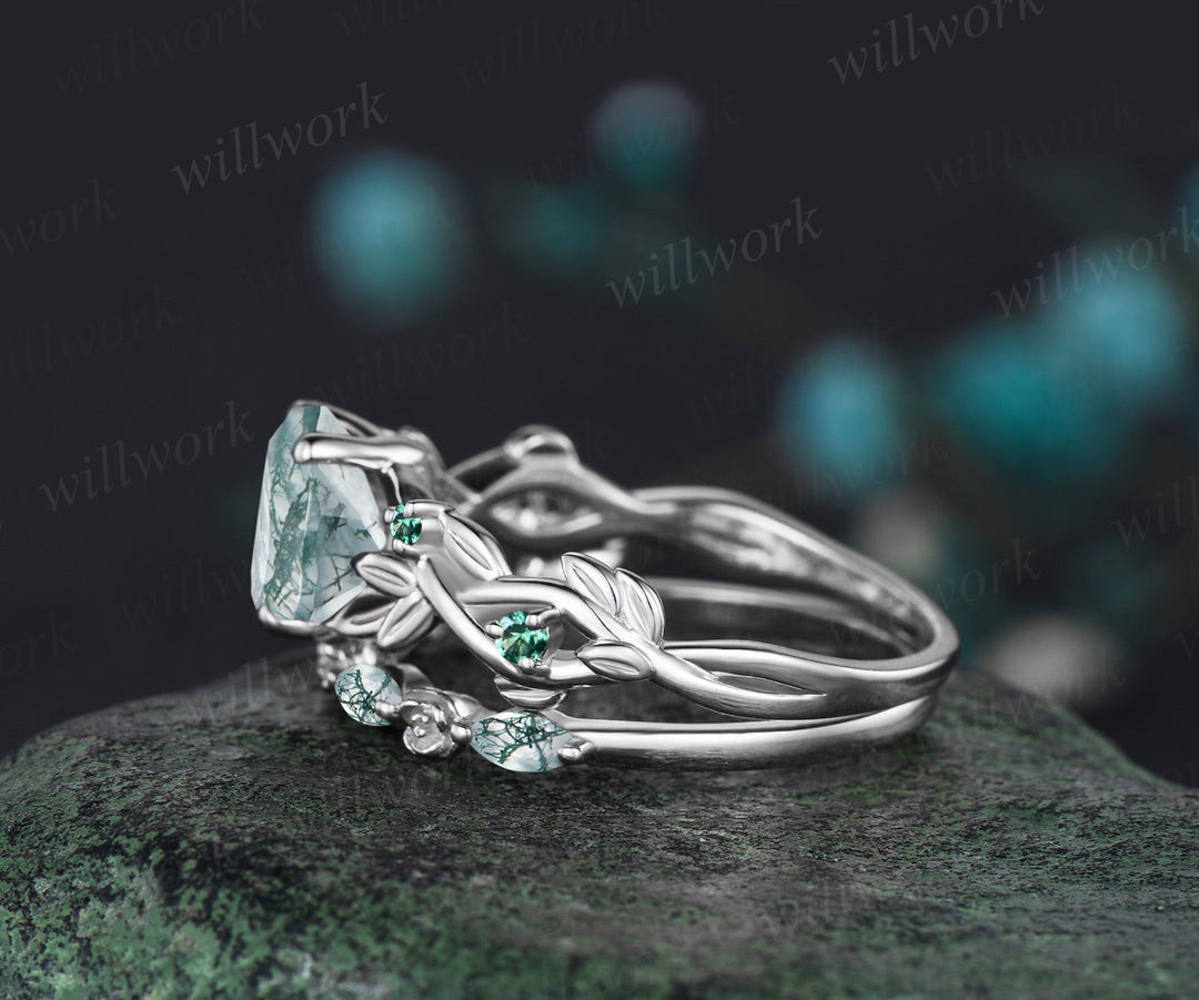 READY TO SHIP: 2PC Hexagon Moss Agate Engagement Ring Set-10k White Gold-Ring Size:5 US