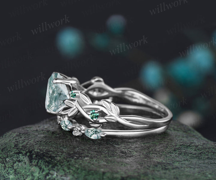 READY TO SHIP: 2PC Hexagon Moss Agate Engagement Ring Set-10k White Gold-Ring Size:5 US