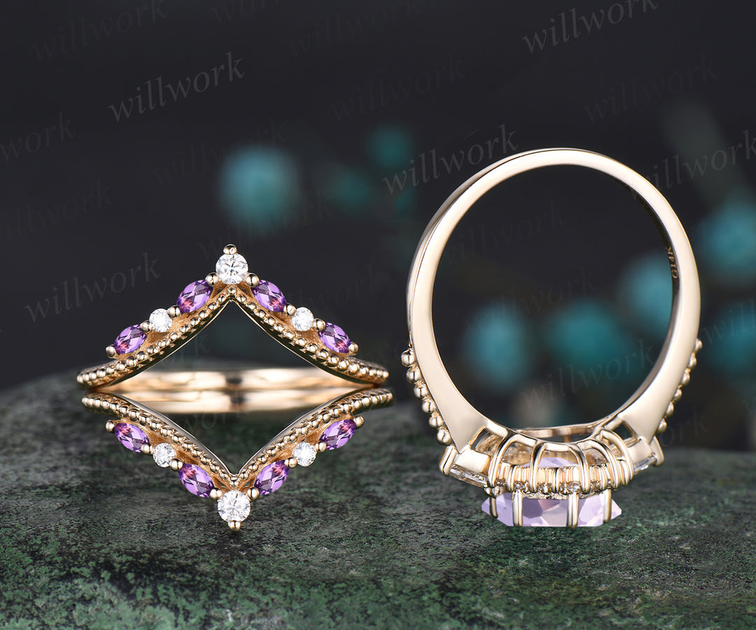 Vintage Round Cut Lavender Amethyst Engagement Ring Set Antique February Birthstone Purple Crystal Moissanite Halo Ring Milgrain 3pcs Bridal Ring Set