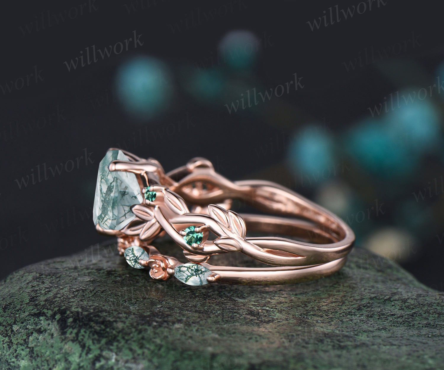 Hexagon Cut Natural Green Moss Agate Engagement Ring Set Leaf