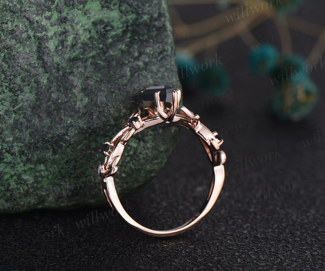 Twig Black Oynx ring vintage kite cut Black Oynx engagement ring nature inspired rose gold ring leaf anniversary ring women unique wedding ring