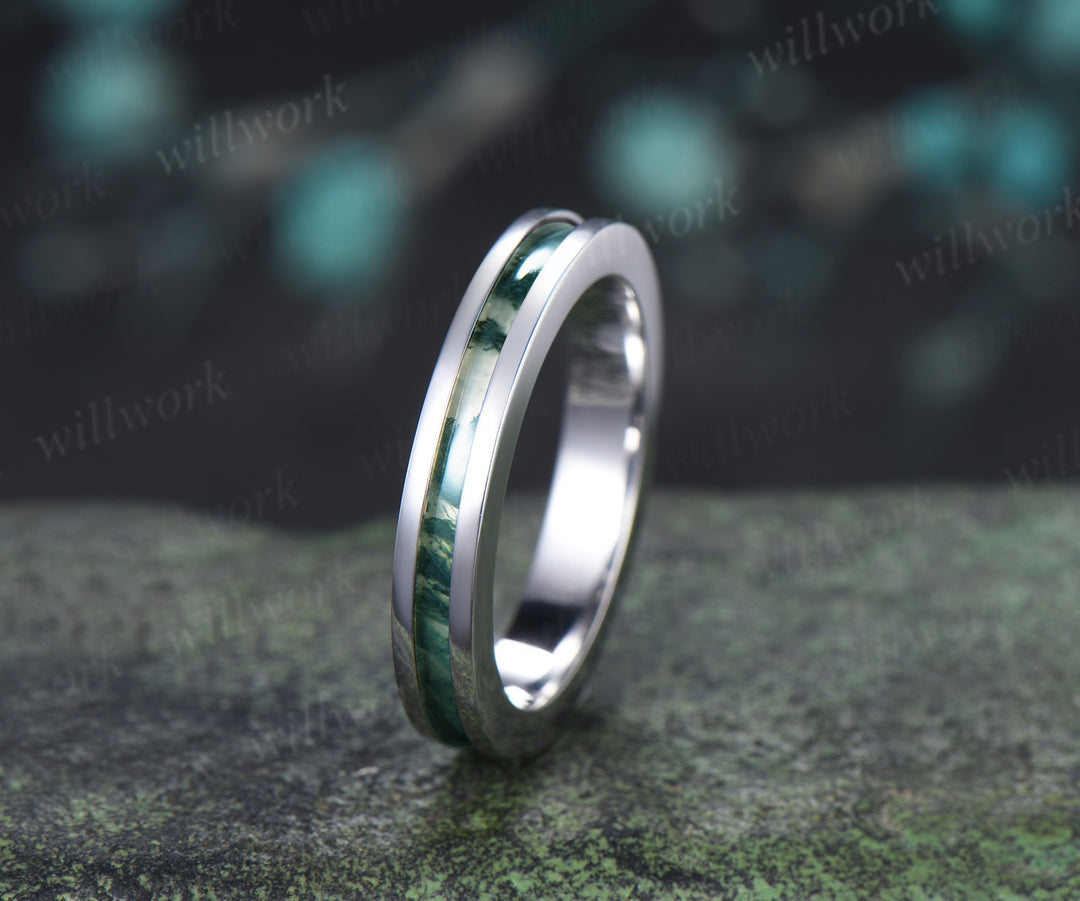 Unique Moss Agate Wedding Band for Men Natural Moss Agate Half Eternity Inlay Ring Modern Men Ring