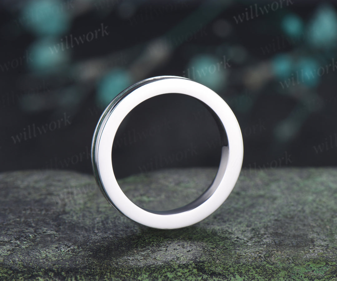 Unique Moss Agate Wedding Band for Men Natural Moss Agate Half Eternity Inlay Ring Modern Men Ring