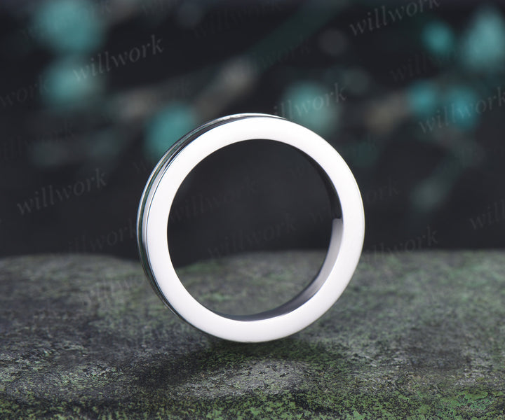 Unique Moss Agate Wedding Band for Men Natural Moss Agate Half Eternity Inlay Ring Modern Men Ring