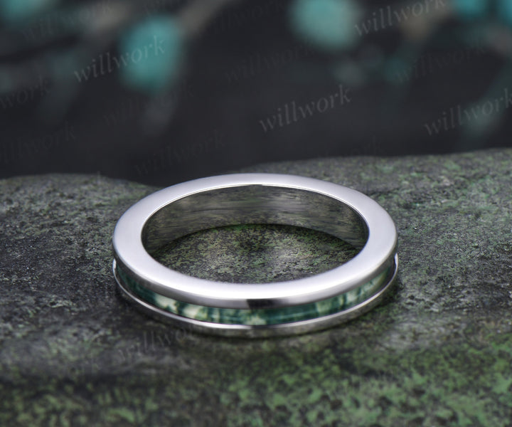 Unique Moss Agate Wedding Band for Men Natural Moss Agate Half Eternity Inlay Ring Modern Men Ring