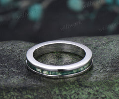 Unique Moss Agate Wedding Band for Men Natural Moss Agate Half Eternity Inlay Ring Modern Men Ring