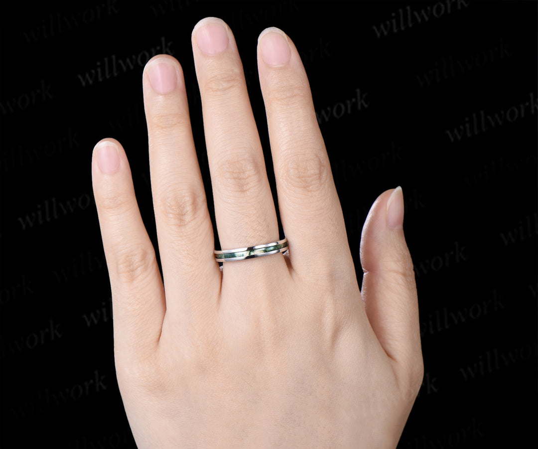 Unique Moss Agate Wedding Band for Men Natural Moss Agate Half Eternity Inlay Ring Modern Men Ring
