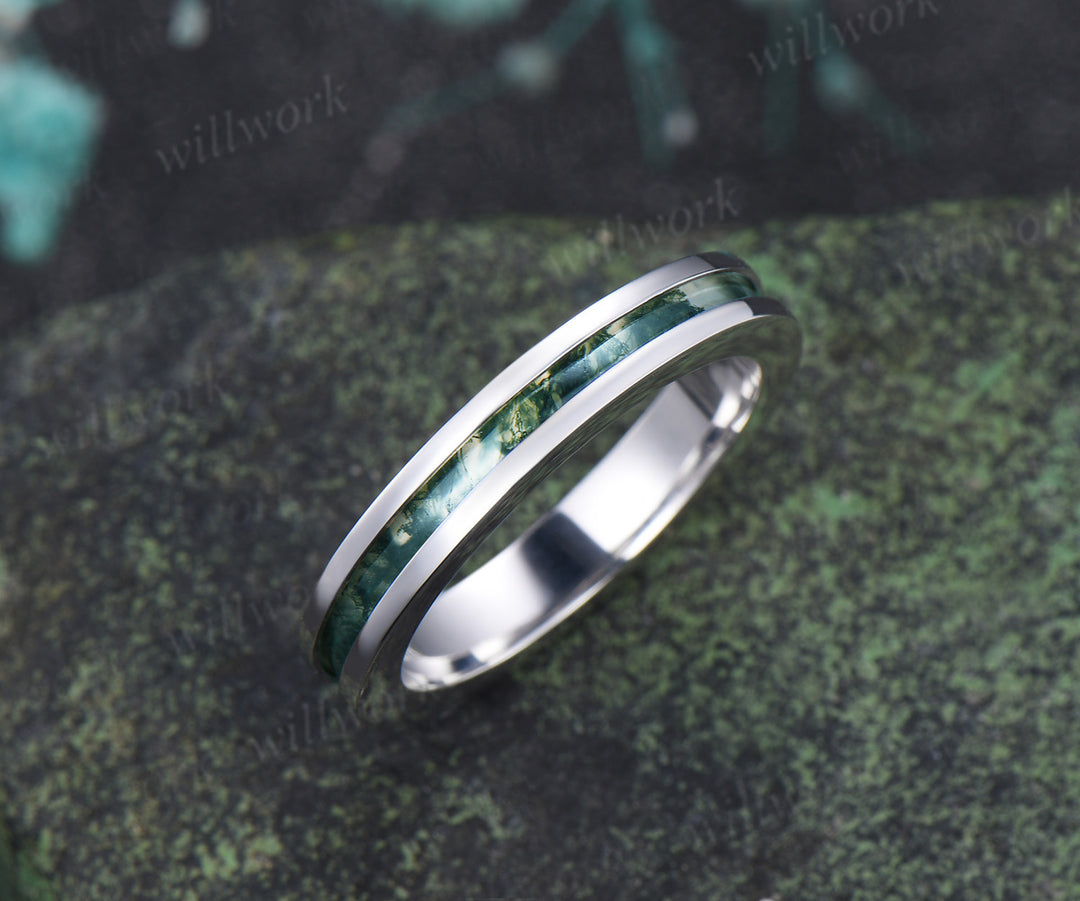 Unique Moss Agate Wedding Band for Men Natural Moss Agate Half Eternity Inlay Ring Modern Men Ring