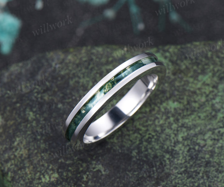 Unique Moss Agate Wedding Band for Men Natural Moss Agate Half Eternity Inlay Ring Modern Men Ring