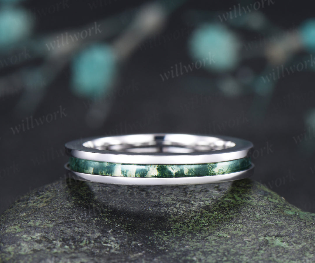 Unique Moss Agate Wedding Band for Men Natural Moss Agate Half Eternity Inlay Ring Modern Men Ring