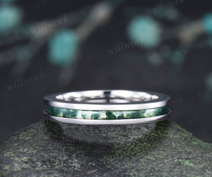 Unique Moss Agate Wedding Band for Men Natural Moss Agate Half Eternity Inlay Ring Modern Men Ring