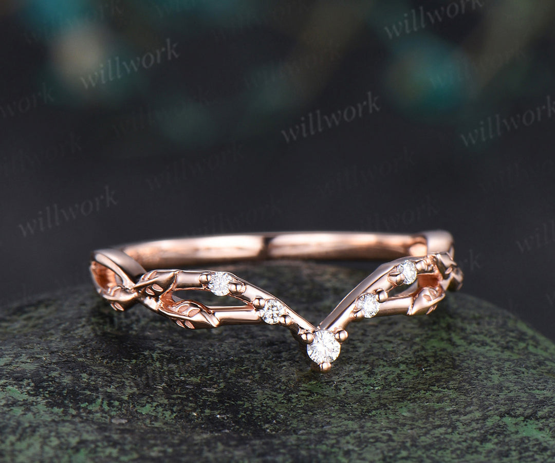 Curved moissanite wedding band leaf split shank stackable ring diamond wedding band for women gifts for her