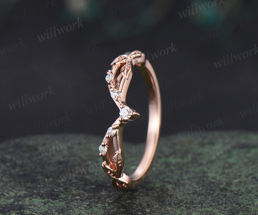 Curved moissanite wedding band leaf split shank stackable ring diamond wedding band for women gifts for her