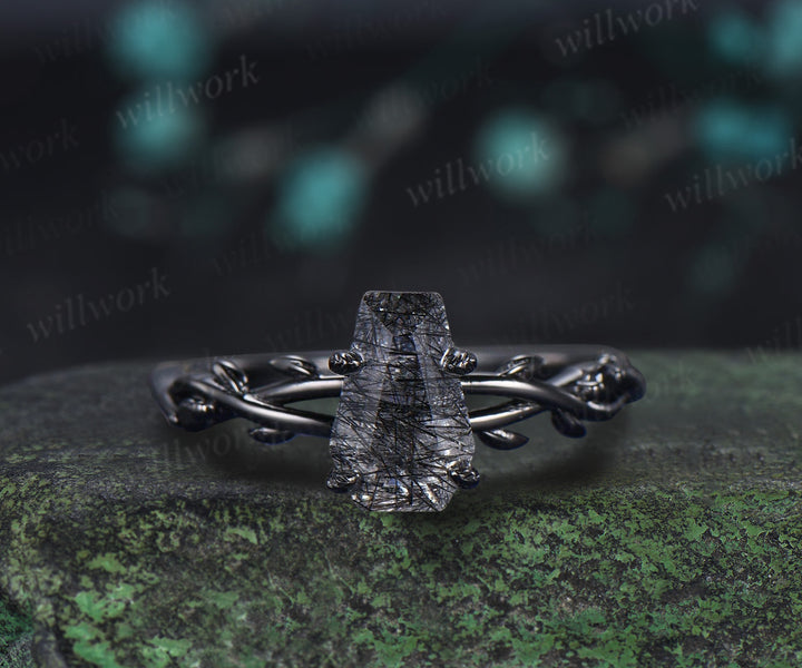 Retro Coffin Cut Natural Black Rutilated Quartz Engagement Ring Set Twig Vine Black Gothic Wedding Ring Set for Black Wedding Dress/Gown