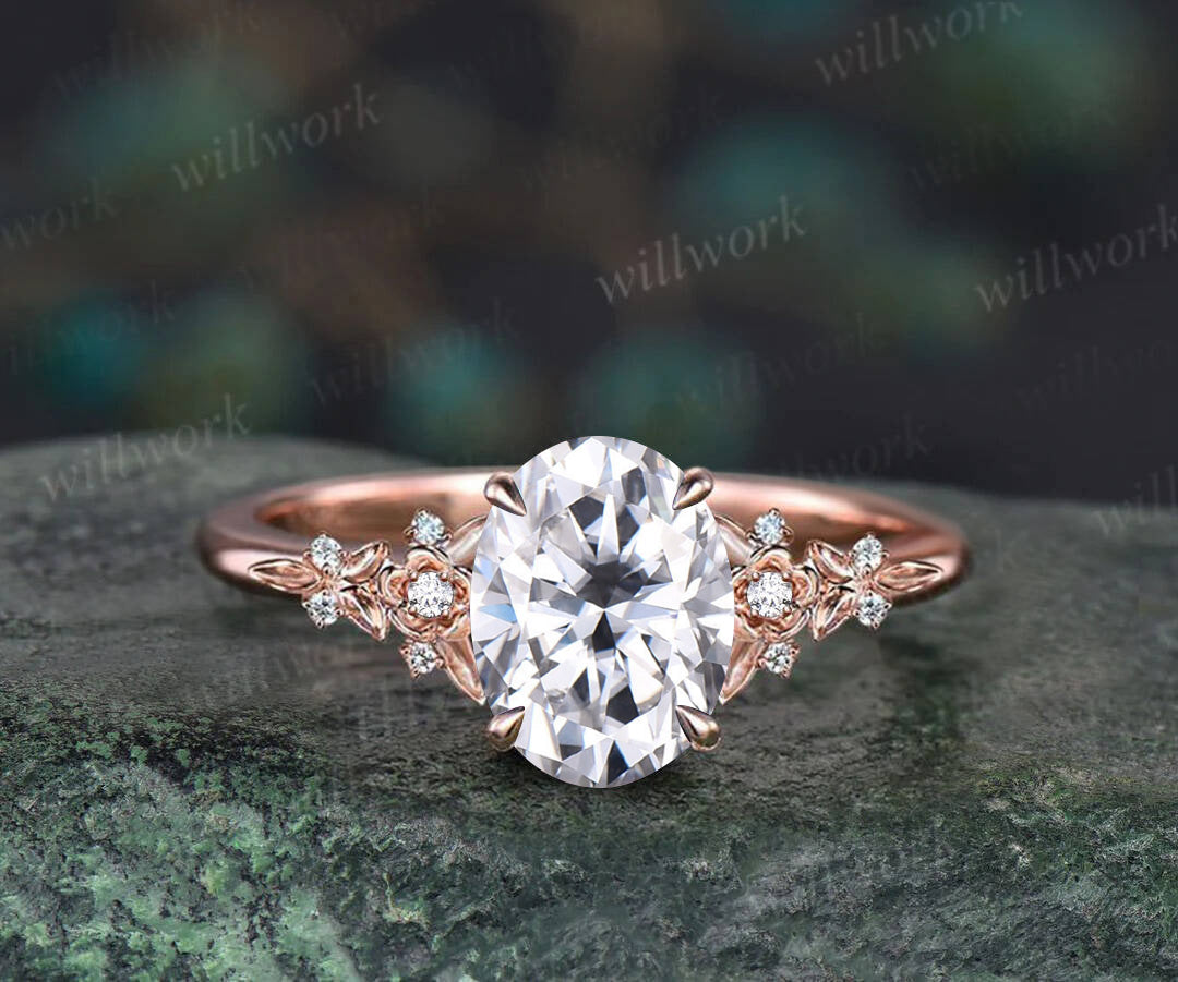 Oval cut moissanite ring vintage rose gold leaf floral nature inspired engagement ring women art deco cluster diamond bridal ring set gift
