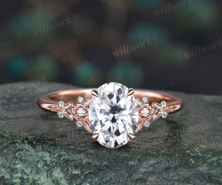 Oval cut moissanite ring vintage rose gold leaf floral nature inspired engagement ring women art deco cluster diamond bridal ring set gift