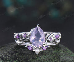 Nature Inspired Pear Lavender Amethyst pearl Bridal Set 14k white gold Unique Twig Vine Teardrop Engagement Ring Ring Set women